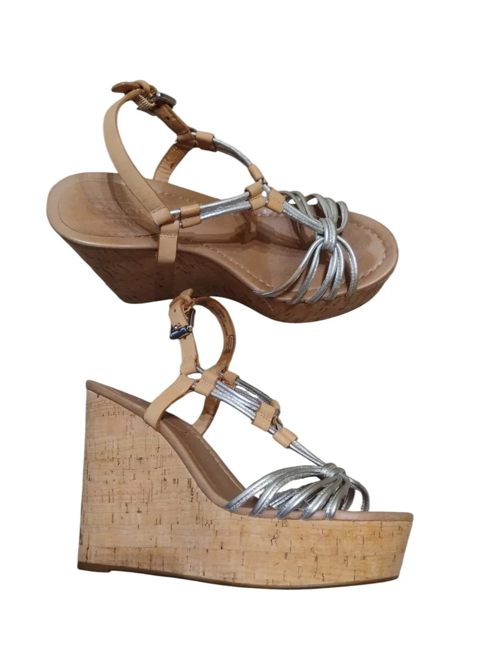 Coach Georgina Wedge Sandals with Cork Platform - Silver & Tan Size 6.5